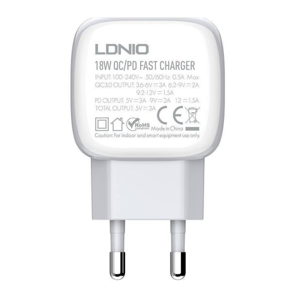 LDNIO A2313C hálózati töltő 1xUSB-A és 1xUSB-C csatlakozóval és USB-A - Lightning kábellel max. 20W fehér