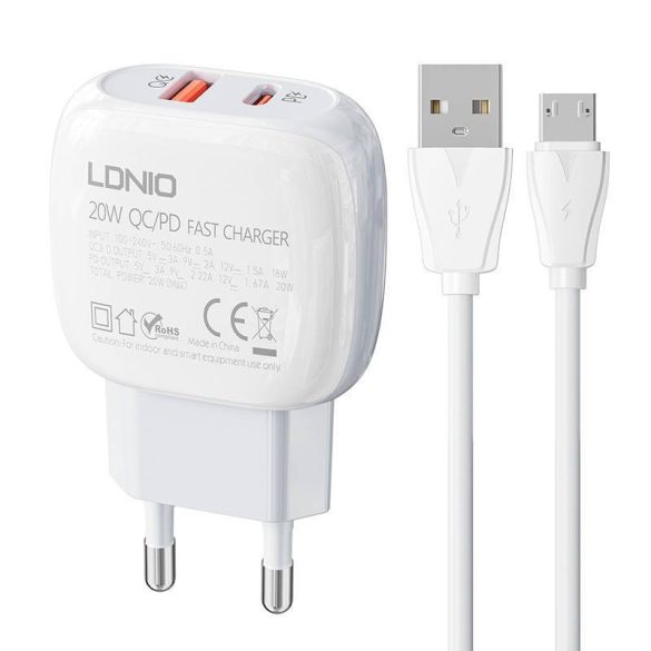 LDNIO A2313C hálózati töltő 1xUSB-A és 1xUSB-C csatlakozóval és USB-A - microUSB kábellel max. 20W fehér