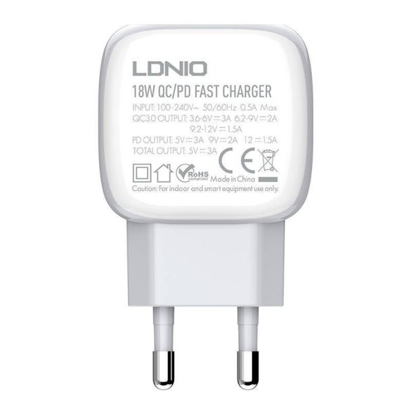 LDNIO A2313C hálózati töltő 1xUSB-A és 1xUSB-C csatlakozóval és USB-A - microUSB kábellel max. 20W fehér