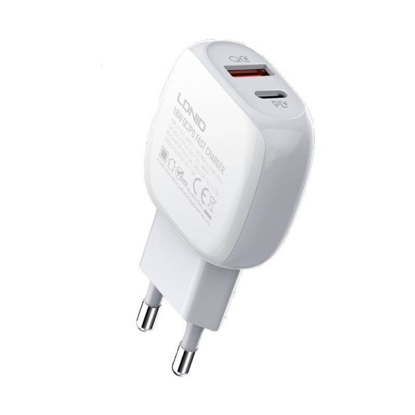 LDNIO A2313C hálózati töltő 1xUSB-A és 1xUSB-C csatlakozóval és USB-A - Type-C kábellel max. 20W fehér