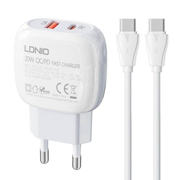 LDNIO A2313C hálózati töltő 1xUSB-A és 1xUSB-C csatlakozóval és Type-C - Type-C kábellel max. 20W fehér