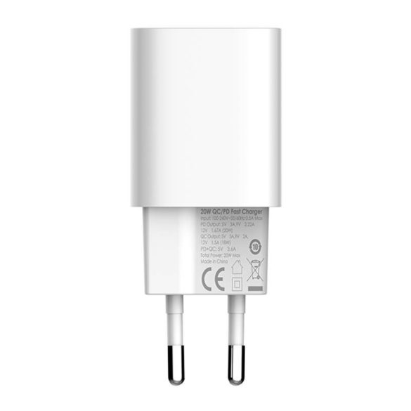 LDNIO A2318C hálózati töltő 1xUSB-A és 1xUSB-C csatlakozóval és USB-A - Lightning kábellel max. 20W fehér