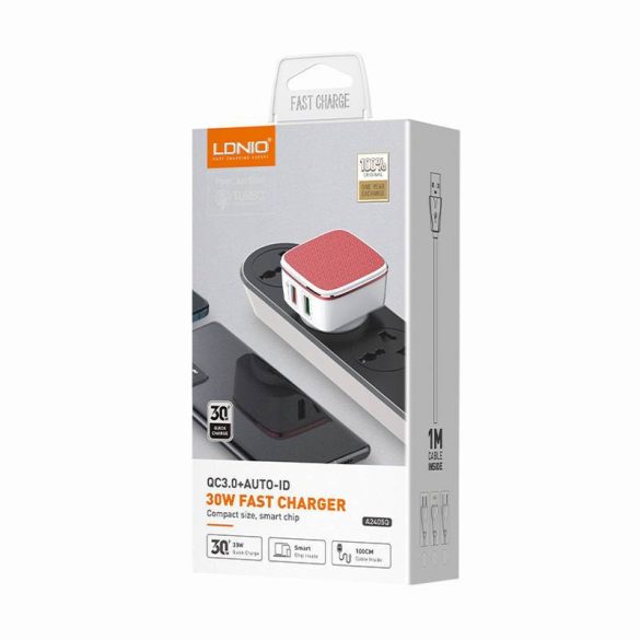 LDNIO A2405Q hálózati töltő 2xUSB-A csatlakozóval és USB-A - Lightning kábellel 30W fehér