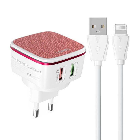 LDNIO A2405Q hálózati töltő 2xUSB-A csatlakozóval és USB-A - Lightning kábellel 30W fehér