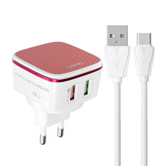 LDNIO A2405Q hálózati töltő 2xUSB-A csatlakozóval és USB-A - Type-C kábellel 30W fehér