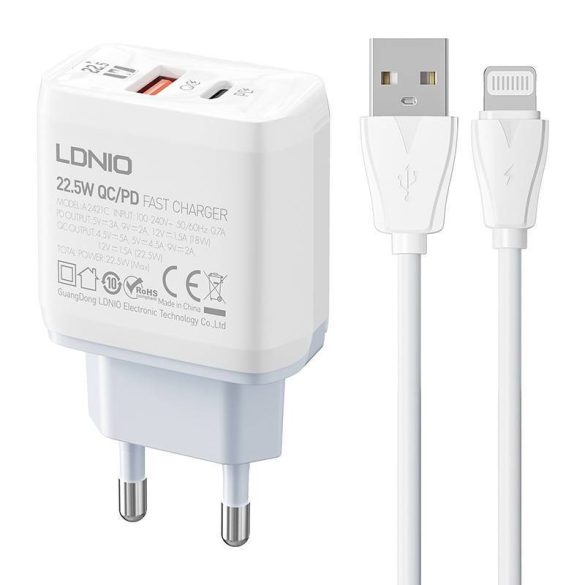 LDNIO A2421C hálózati töltő 1xUSB-A és 1xUSB-C csatlakozóval és USB-A - Lightning kábellel max. 22.5W fehér