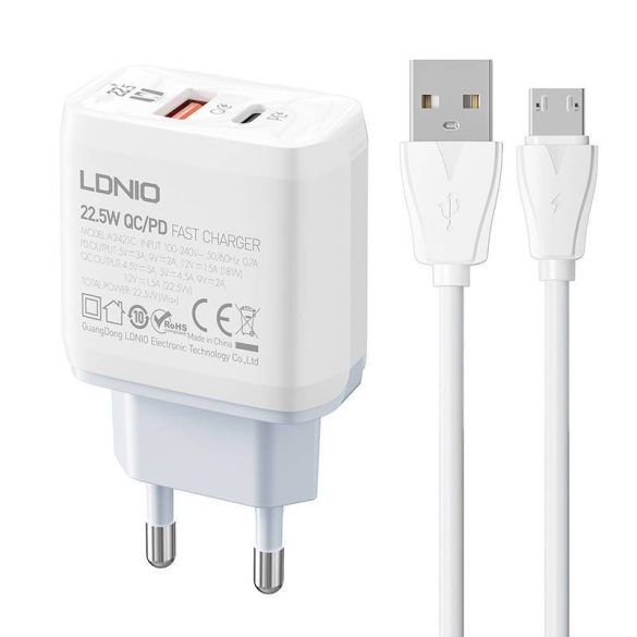 LDNIO A2421C hálózati töltő 1xUSB-A és 1xUSB-C csatlakozóval és USB-A - microUSB kábellel max. 22.5W fehér