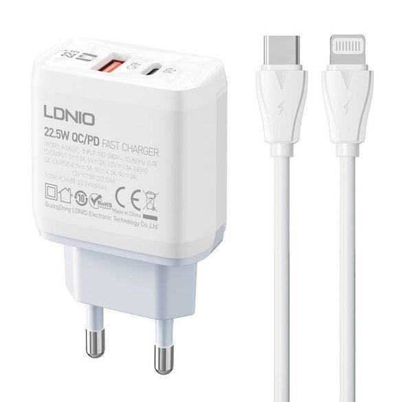 LDNIO A2421C hálózati töltő 1xUSB-A és 1xUSB-C csatlakozóval és Type-C- Lightning kábellel max. 22.5W fehér