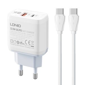 LDNIO A2421C hálózati töltő 1xUSB-A és 1xUSB-C csatlakozóval és Type-C - Type-C kábellel max. 22.5W fehér