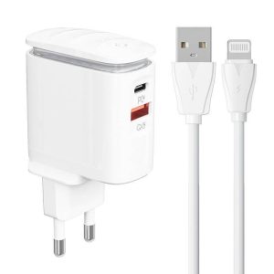 LDNIO A2423C hálózati töltő 1xUSB-A és 1xUSB-C csatlakozóval és USB-A - Lightning kábellel max. 25W fehér