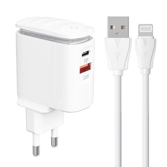 LDNIO A2423C hálózati töltő 1xUSB-A és 1xUSB-C csatlakozóval és USB-A - Lightning kábellel max. 25W fehér