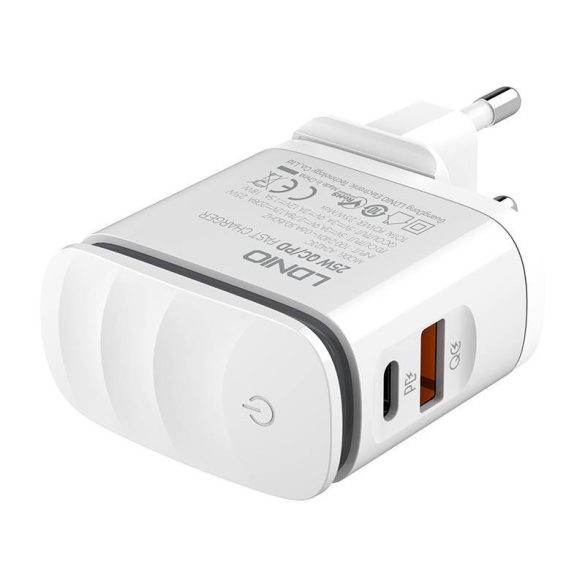 LDNIO A2423C hálózati töltő 1xUSB-A és 1xUSB-C csatlakozóval és USB-A - Lightning kábellel max. 25W fehér