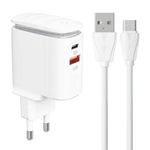 LDNIO A2423C hálózati töltő 1xUSB-A és 1xUSB-C csatlakozóval és USB-A - Type-C kábellel max. 25W fehér