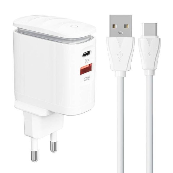 LDNIO A2423C hálózati töltő 1xUSB-A és 1xUSB-C csatlakozóval és USB-A - Type-C kábellel max. 25W fehér