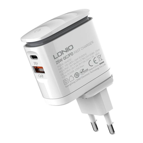 LDNIO A2423C hálózati töltő 1xUSB-A és 1xUSB-C csatlakozóval és USB-A - Type-C kábellel max. 25W fehér