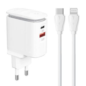 LDNIO A2423C hálózati töltő 1xUSB-A és 1xUSB-C csatlakozóval és Type-C- Lightning kábellel max. 25W fehér