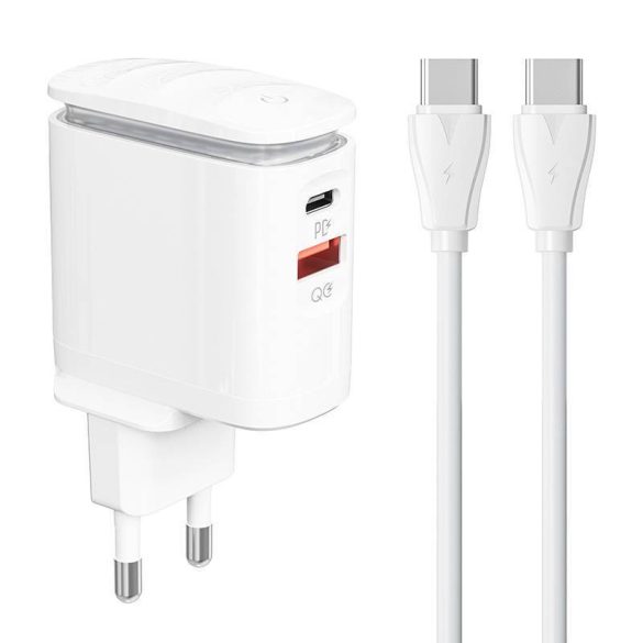 LDNIO A2423C hálózati töltő 1xUSB-A és 1xUSB-C csatlakozóval és Type-C - Type-C kábellel max. 25W fehér