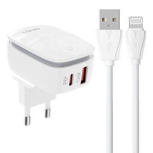 LDNIO A2425C hálózati töltő 1xUSB-A és 1xUSB-C csatlakozóval és USB-A - Lightning kábellel max. 20W fehér