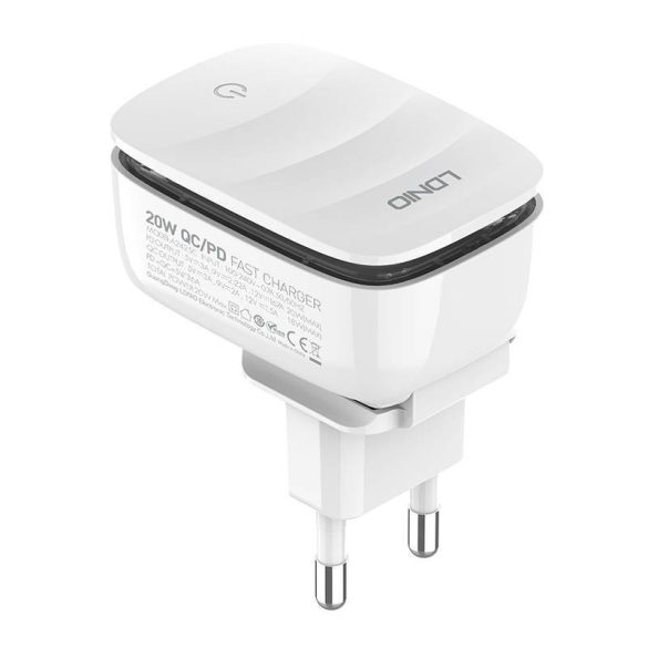 LDNIO A2425C hálózati töltő 1xUSB-A és 1xUSB-C csatlakozóval és USB-A - Lightning kábellel max. 20W fehér