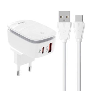 LDNIO A2425C hálózati töltő 1xUSB-A és 1xUSB-C csatlakozóval és USB-A - Type-C kábellel max. 20W fehér