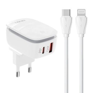 LDNIO A2425C hálózati töltő 1xUSB-A és 1xUSB-C csatlakozóval és Type-C- Lightning kábellel max. 20W fehér