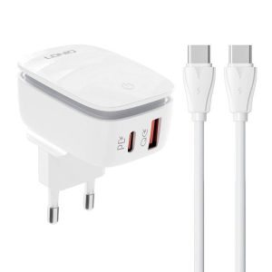 LDNIO A2425C hálózati töltő 1xUSB-A és 1xUSB-C csatlakozóval és Type-C - Type-C kábellel max. 20W fehér