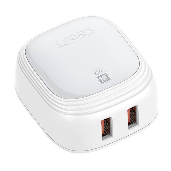 LDNIO A2512Q hálózati töltő 2xUSB-A csatlakozóval és USB-A - Lightning kábellel 18W fehér