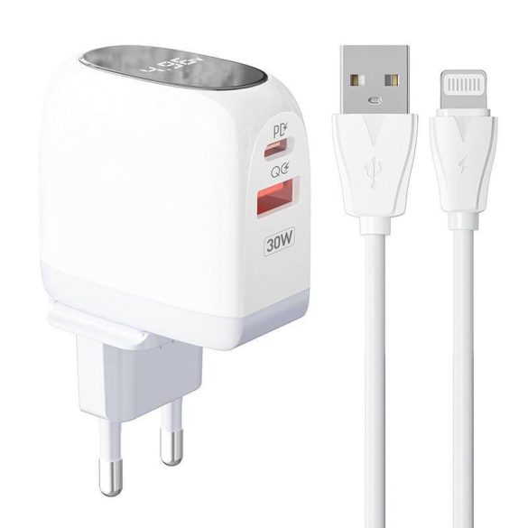 LDNIO A2522C hálózati töltő 1xUSB-A és 1xUSB-C csatlakozóval és USB-A - Lightning kábellel max. 30W fehér