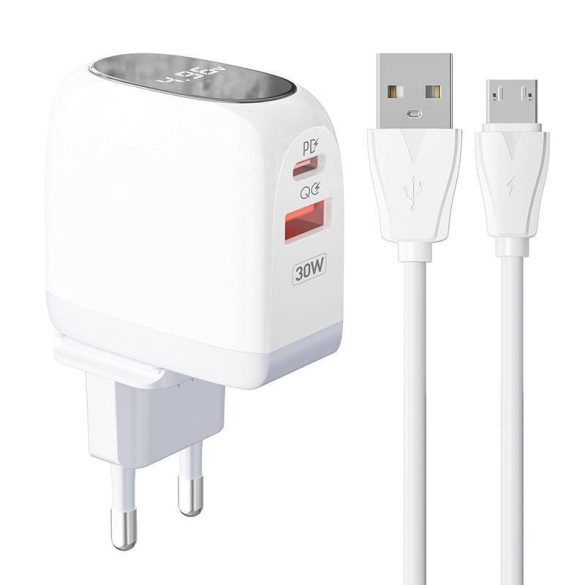 LDNIO A2522C hálózati töltő 1xUSB-A és 1xUSB-C csatlakozóval és USB-A - microUSB kábellel max. 30W fehér