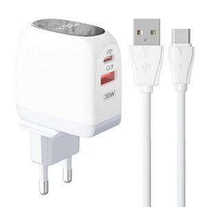 LDNIO A2522C hálózati töltő 1xUSB-A és 1xUSB-C csatlakozóval és USB-A - Type-C kábellel max. 30W fehér