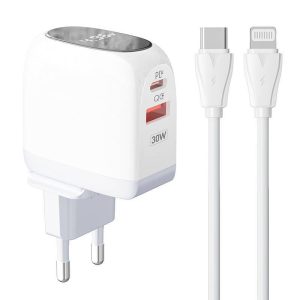 LDNIO A2522C hálózati töltő 1xUSB-A és 1xUSB-C csatlakozóval és Type-C- Lightning kábellel max. 30W fehér