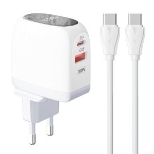 LDNIO A2522C hálózati töltő 1xUSB-A és 1xUSB-C csatlakozóval és Type-C - Type-C kábellel max. 30W fehér