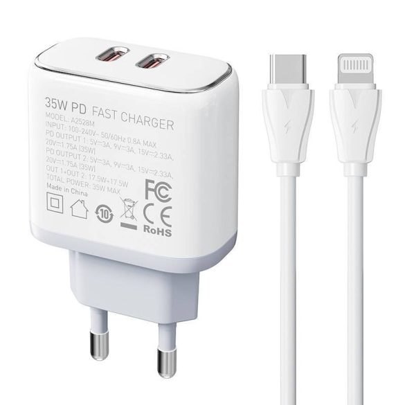 LDNIO A2528C hálózati töltő 2xUSB-C csatlakozóval és Type-C - Lightning kábellel 35W fehér