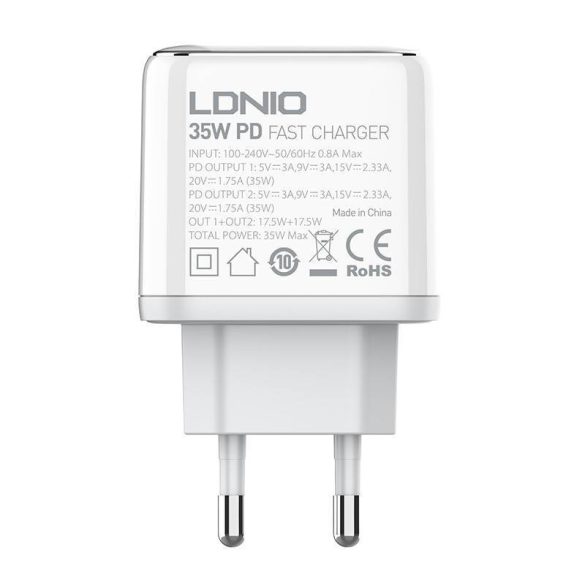 LDNIO A2528C hálózati töltő 2xUSB-C csatlakozóval és Type-C - Lightning kábellel 35W fehér