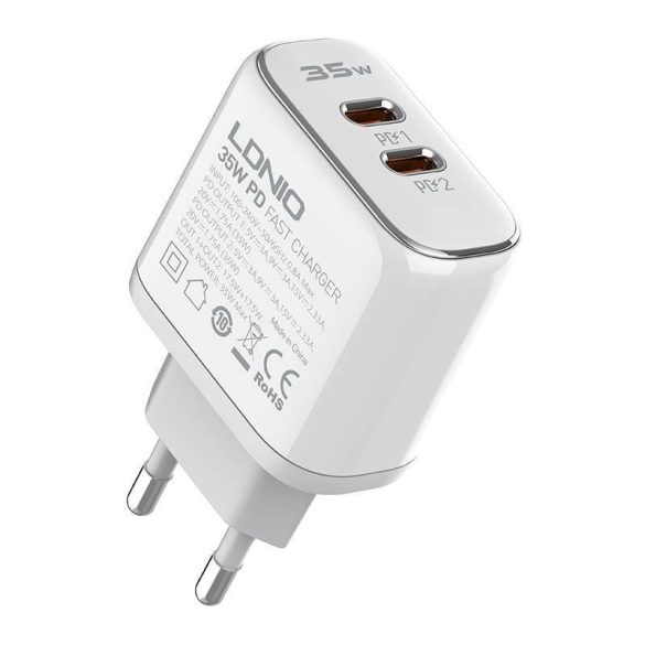 LDNIO A2528C hálózati töltő 2xUSB-C csatlakozóval és Type-C - Lightning kábellel 35W fehér