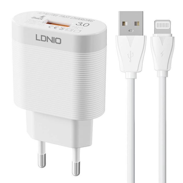 LDNIO A303Q hálózati töltő 1xUSB-A csatlakozóval és USB-A - Lightning kábellel 18W fehér