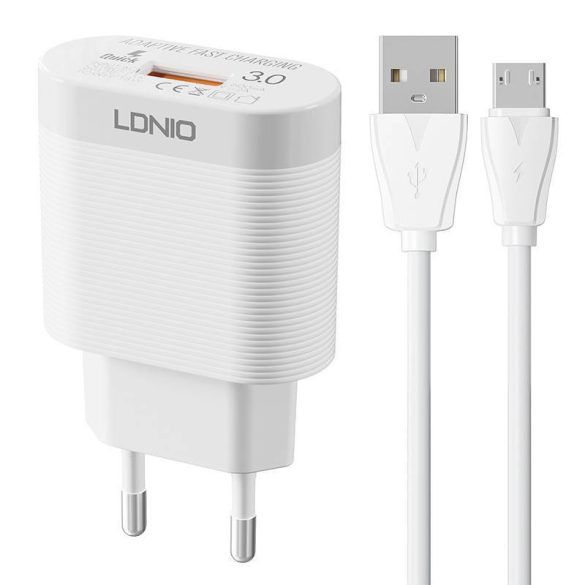 LDNIO A303Q hálózati töltő 1xUSB-A csatlakozóval és USB-A - microUSB kábellel 18W fehér