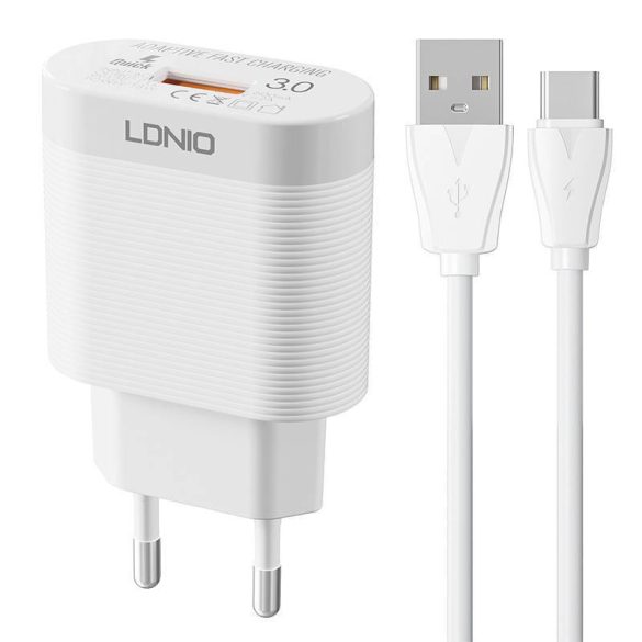 LDNIO A303Q hálózati töltő 1xUSB-A csatlakozóval és USB-A - Type-C kábellel 18W fehér