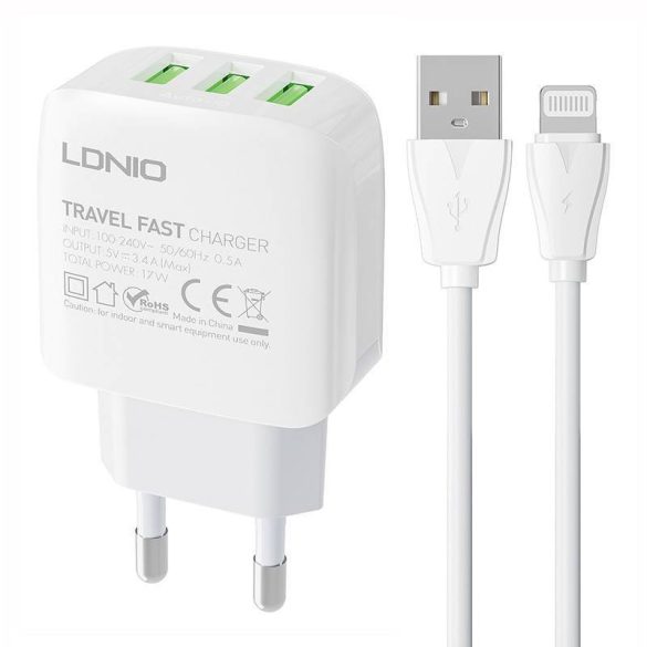 LDNIO A3312 hálózati töltő 3xUSB-A csatlakozóval és USB-A - Lightning kábellel 17W fehér