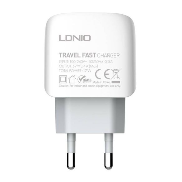 LDNIO A3312 hálózati töltő 3xUSB-A csatlakozóval és USB-A - Lightning kábellel 17W fehér