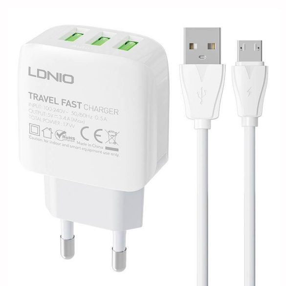 LDNIO A3312 hálózati töltő 3xUSB-A csatlakozóval és USB-A - microUSB kábellel 17W fehér