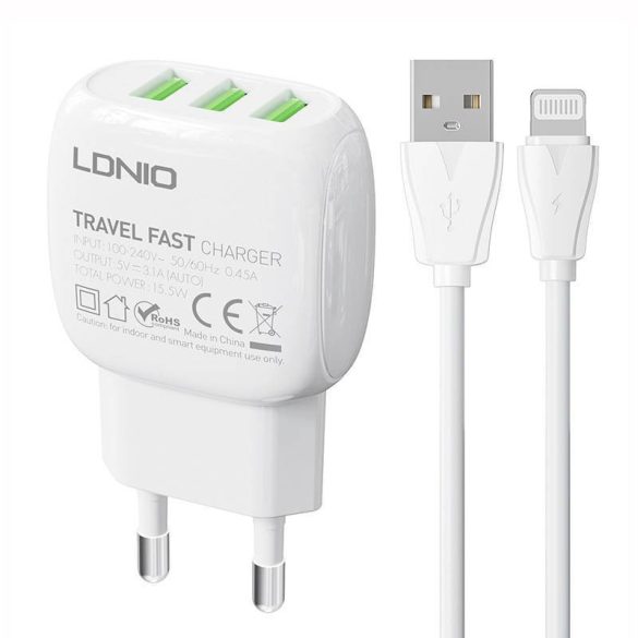 LDNIO A2522C hálózati töltő 3xUSB-A csatlakozóval és USB-A - Lightning kábellel 15.5W fehér