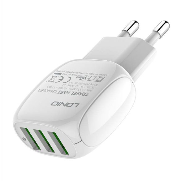 LDNIO A2522C hálózati töltő 3xUSB-A csatlakozóval és USB-A - Lightning kábellel 15.5W fehér