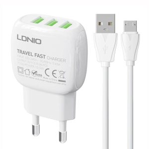 LDNIO A2522C hálózati töltő 3xUSB-A csatlakozóval és USB-A - microUSB kábellel 15.5W fehér