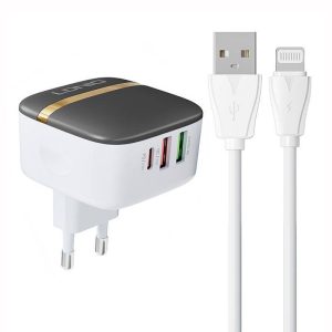 LDNIO A3513Q hálózati töltő 2xUSB-A és 1xUSB-C csatlakozóval és USB-A - Lightning kábellel max. 32W fehér