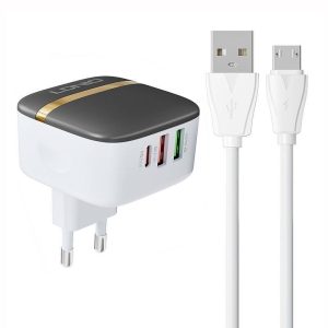 LDNIO A3513Q hálózati töltő 2xUSB-A és 1xUSB-C csatlakozóval és USB-A - microUSB kábellel max. 32W fehér