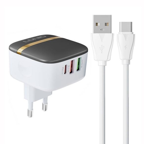 LDNIO A3513Q hálózati töltő 2xUSB-A és 1xUSB-C csatlakozóval és USB-A - Type-C kábellel max. 32W fehér