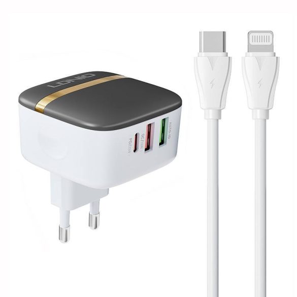 LDNIO A3513Q hálózati töltő 2xUSB-A és 1xUSB-C csatlakozóval és Type-C- Lightning kábellel max. 32W fehér