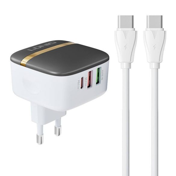 LDNIO A3513Q hálózati töltő 2xUSB-A és 1xUSB-C csatlakozóval és Type-C - Type-C kábellel max. 32W fehér