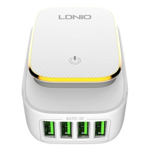 LDNIO A4405 hálózati töltő és LED lámpa 4xUSB-A csatlakozóval és USB-A - Lightning kábellel 4.4A fehér